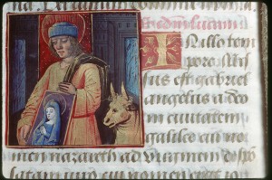 Saint Luc tenant le portrait de la Vierge Marie, Tours, Bibliothèque municipale MS. 2042, folio 8